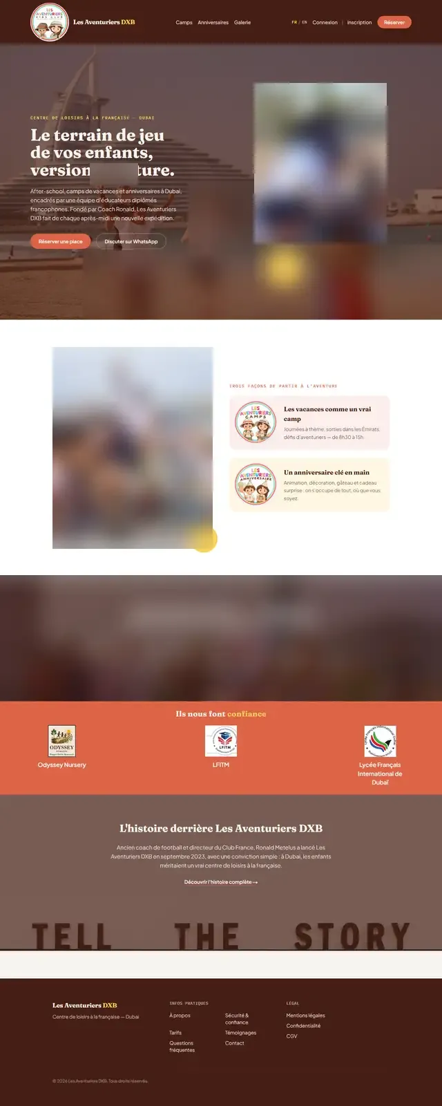 Capture du site Les Aventuriers DXB, photos d'enfants floutées